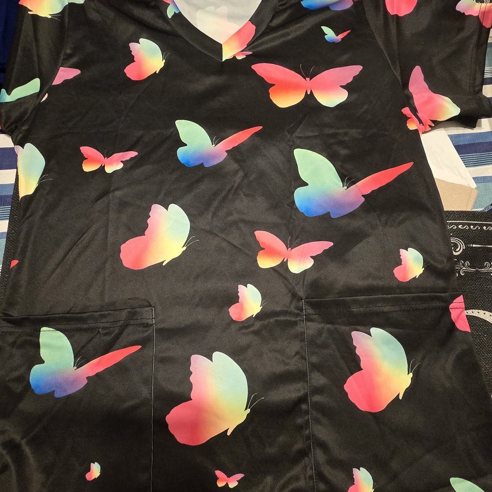 Colorful Butterfly Print Scrub Top